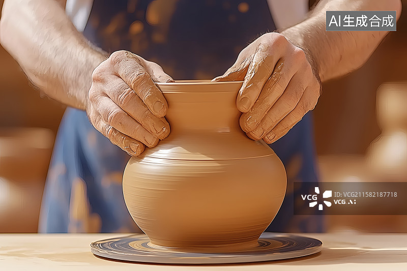 【AI数字艺术】穿着围兜做人工陶艺图片素材