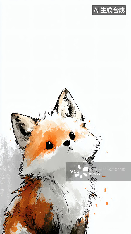 【AI数字艺术】手绘插画，一只可爱的小狐狸，上方留白图片素材