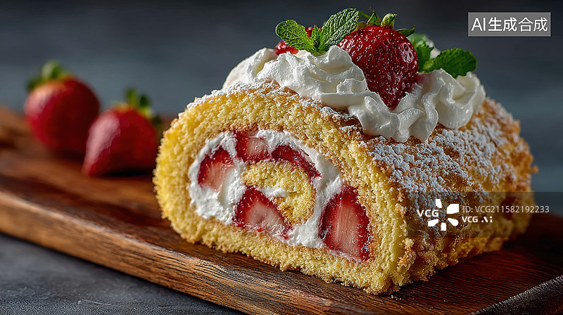 【AI数字艺术】草莓奶油蛋糕卷图片素材