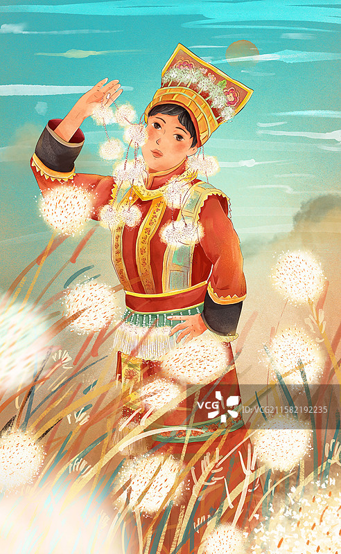 五十六个民族插画-珞巴族，手绘肌理风格民俗人物插画， 站在芦苇荡里的珞巴族女孩 二十四节气 竖版图片素材