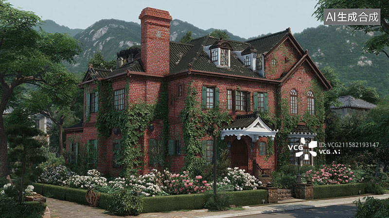 【AI数字艺术】红砖别墅与花园图片素材