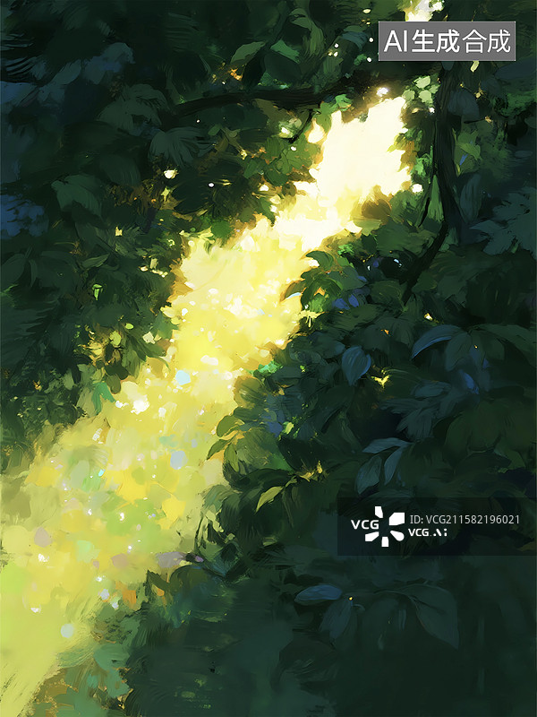 【AI数字艺术】丁达尔光线阳光穿透森林插画图片素材
