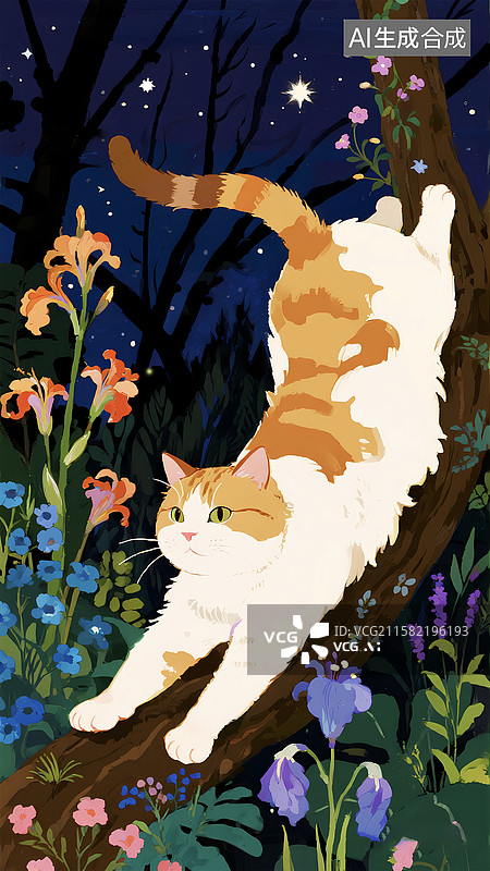 【AI数字艺术】夜晚星空爬树的猫咪插画图片素材