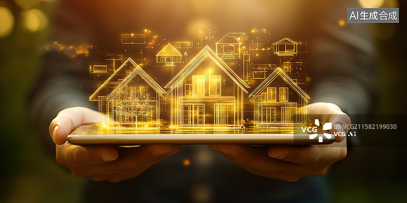 【AI数字艺术】双手捧着平板电脑投射出智能化房屋全息影像和智能家居概念图片素材