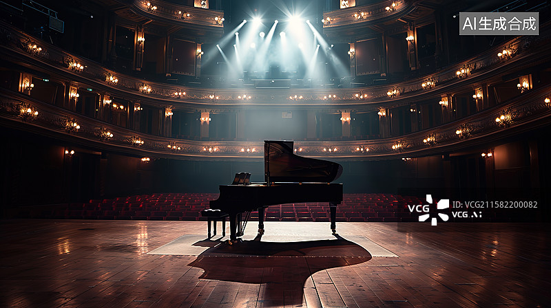 【AI数字艺术】剧场舞台中央聚光灯下的钢琴图片素材