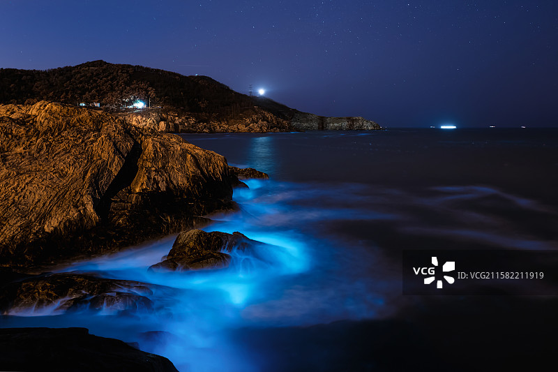 山东威海猫头山恐龙湾观景台-深夜荧光海、蓝眼泪图片素材