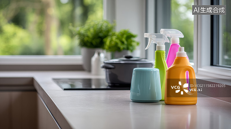 【AI数字艺术】喷雾瓶厨房场景清洁剂广告模板图片素材