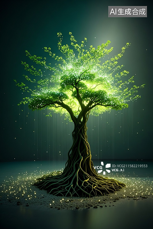 【AI数字艺术】梦幻粒子绘制，一株榕树的轮廓，丁达尔光，意境构图，极简风格图片素材