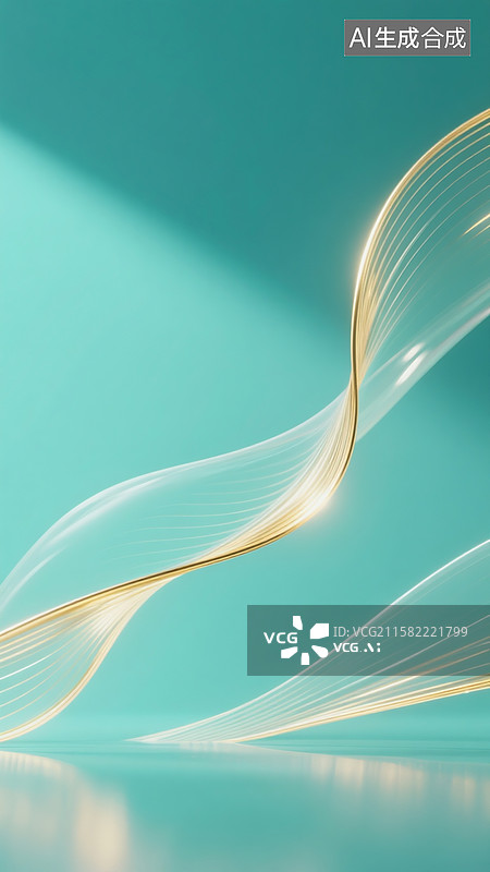 【AI数字艺术】简单炫酷风格呈现一幅电商主图背景图，画面以蓝绿色为基调，搭配淡绿色的渐变，中间有一些流动的金色线条。图片素材