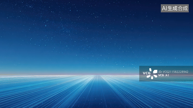 【AI数字艺术】星空下的蓝色发光科技概念道路平台图片素材