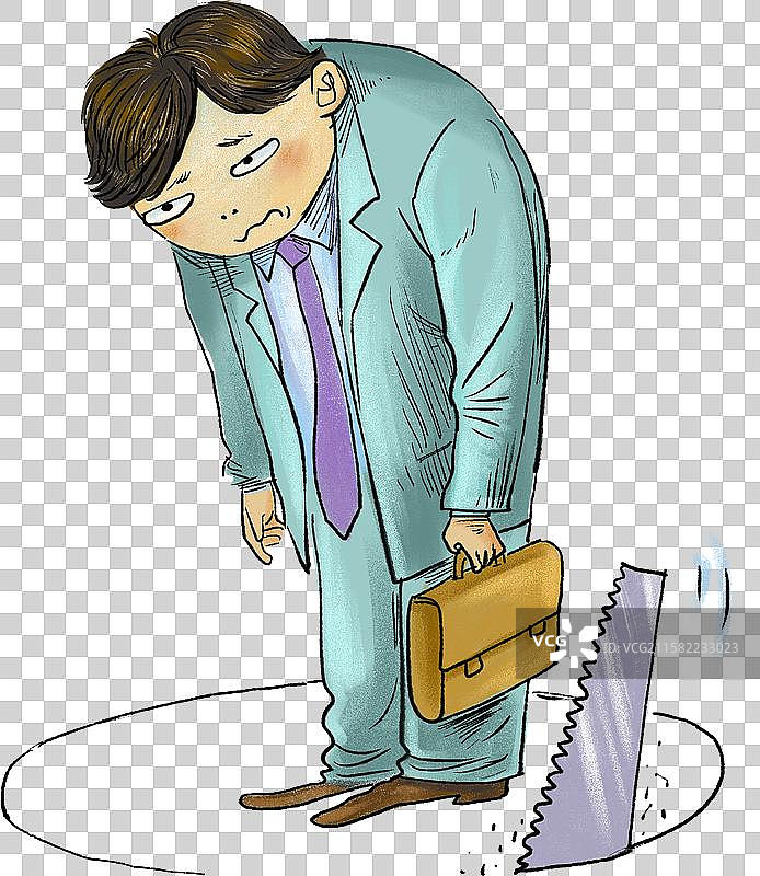 一个拿着公文包的男人站在被锯子锯开的洞上，被裁员的危机图片素材