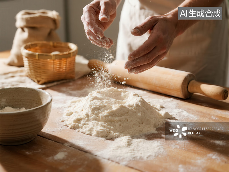 【AI数字艺术】撒面粉的手与擀面杖图片素材
