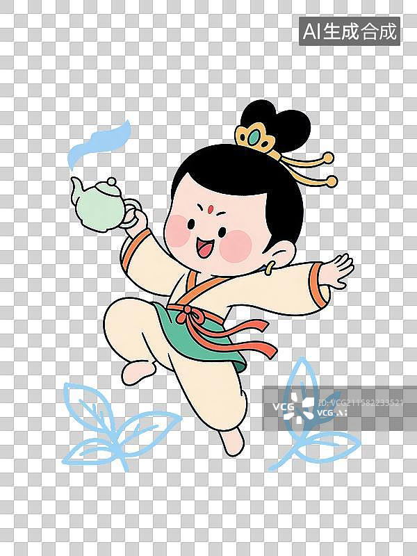 【AI数字艺术】中国风手绘插画，拿着茶壶的古代儿童，喝茶，茶壶，茶具，茶道，传统服饰，茶文化，免抠元素图片素材
