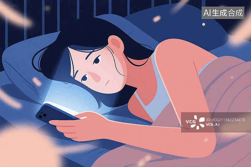 【AI数字艺术】夜晚女人床上熬夜玩手机图片素材