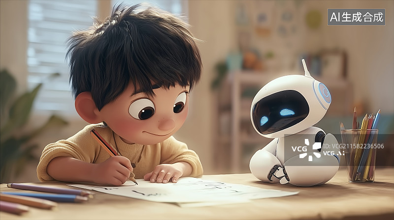 【AI数字艺术】人工智能机器人辅导孩子做作业图片素材