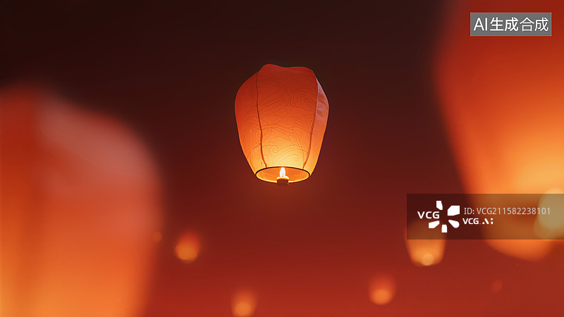 【AI数字艺术】孔明灯在夜空中飘浮，周围模糊的灯光营造出温暖而神秘的氛围图片素材