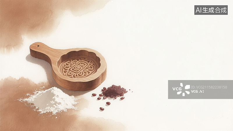 【AI数字艺术】木制月饼模具中刻有图案，旁边散落着面粉和红豆图片素材