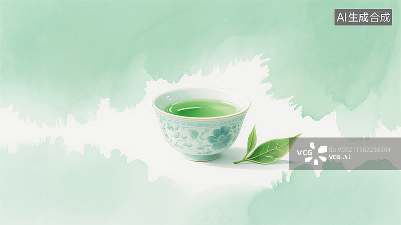 【AI数字艺术】盛满茶水的茶杯，旁边有两片绿茶叶，背景是淡绿色和白色相间的抽象水彩图案图片素材