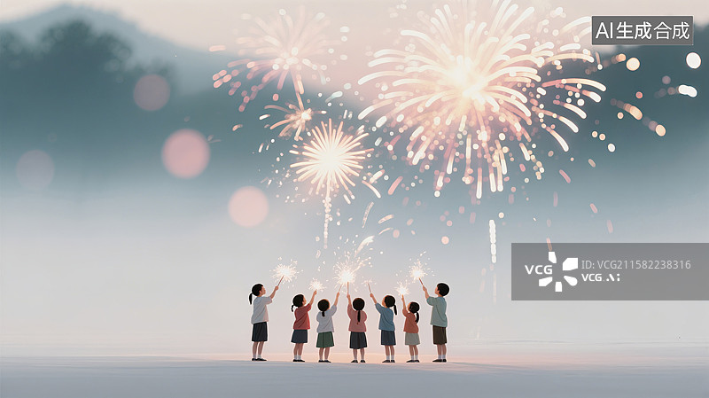 【AI数字艺术】孩子们在海边举着烟花，烟花在空中绽放，背景是朦胧的山峦和天空图片素材