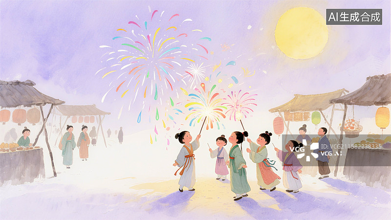 【AI数字艺术】古代市集上儿童观赏烟花，摊位上挂满灯笼，月亮高悬，气氛热闹祥和图片素材
