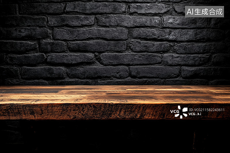 【AI数字艺术】木桌砖墙复古场景图片素材