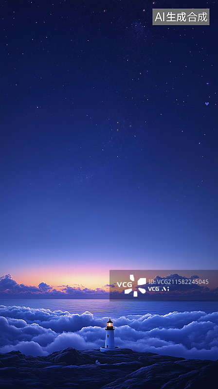 【AI数字艺术】星空下的灯塔与海岸线图片素材