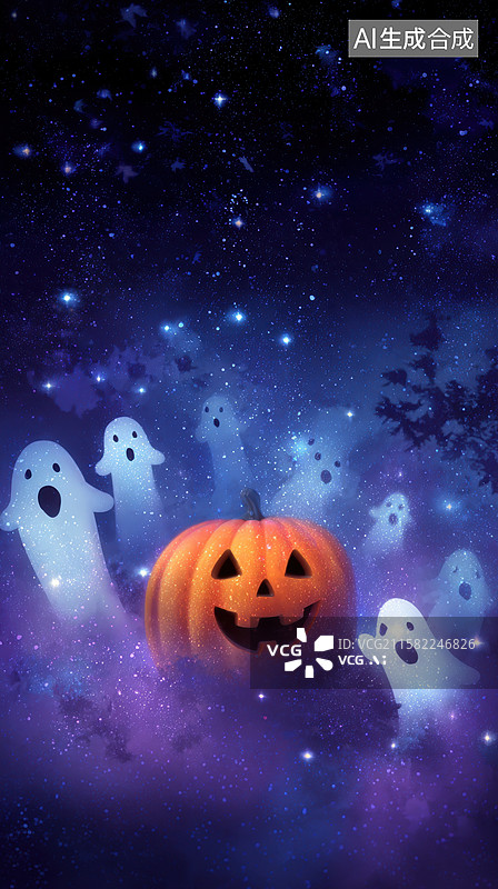 【AI数字艺术】万圣节夜景：南瓜灯与幽灵图片素材