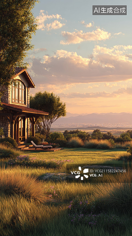【AI数字艺术】乡村小屋夕阳下的宁静景色图片素材