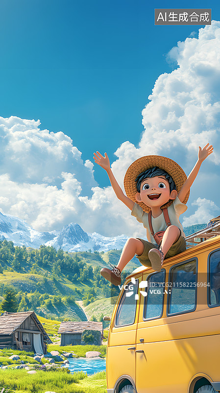 【AI数字艺术】一个坐在露营车顶上的男孩图片素材