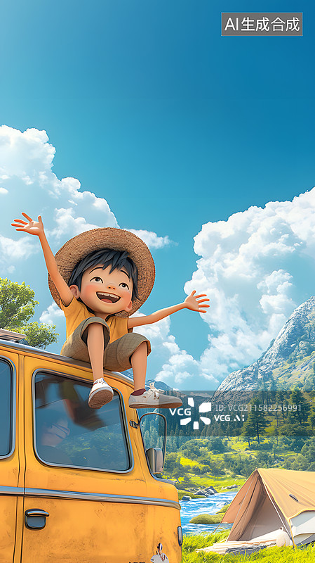 【AI数字艺术】一个坐在露营车顶上的男孩图片素材