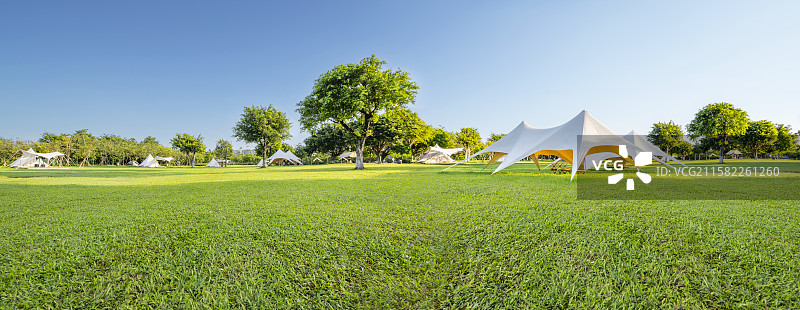 清晨公园的露营草地和帐篷图片素材