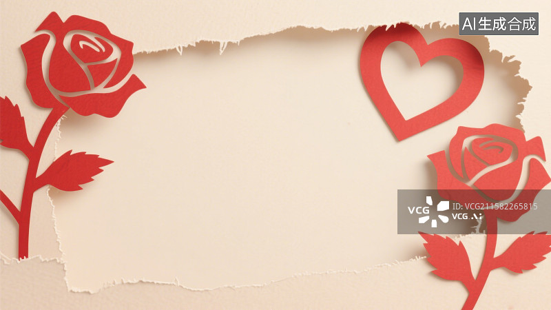 【AI数字艺术】剪纸风格红色玫瑰花束抽象背景节气场景装饰框插图图片素材
