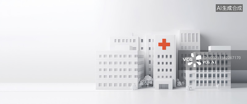 【AI数字艺术】3D三维白色卡通医院与城市模型背景医院图片素材