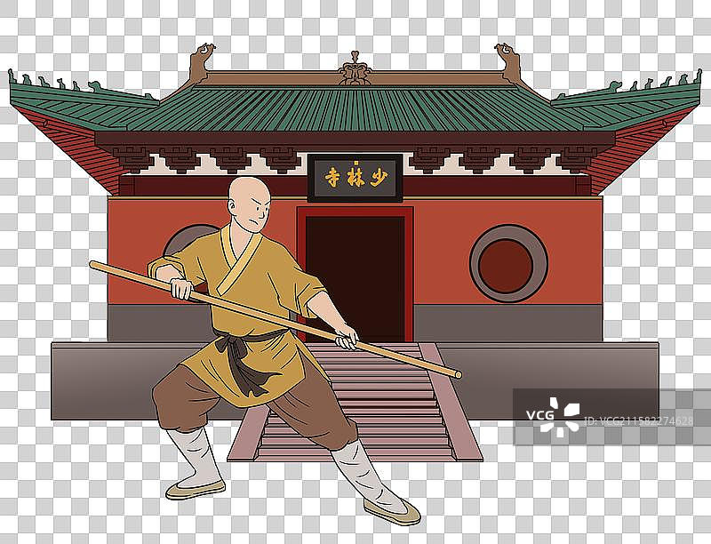 中国风新中式古风古典传统文化古建筑河南嵩山少林寺正门学武术功夫棍术元素插画图片素材