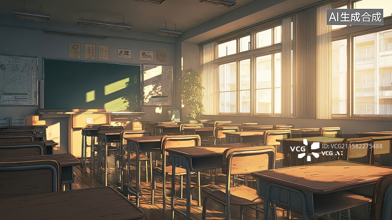 【AI数字艺术】阳光洒进的空旷教室图片素材