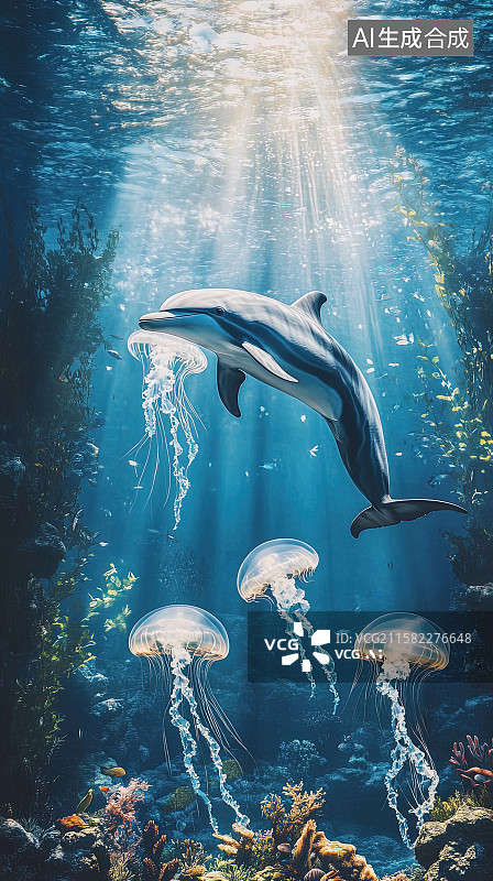 【AI数字艺术】世界动物日插画海洋馆海底世界中海豚水母欢快游动图片素材