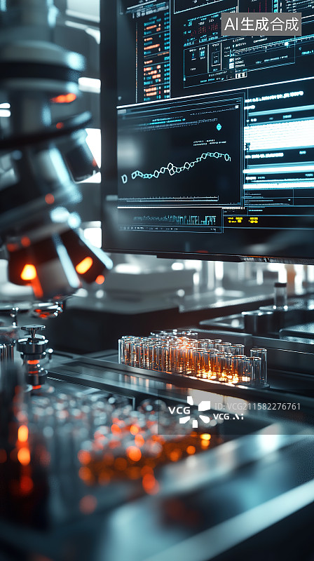 【AI数字艺术】药厂药品合成车间运行中的自动化生产线3D渲染图片素材