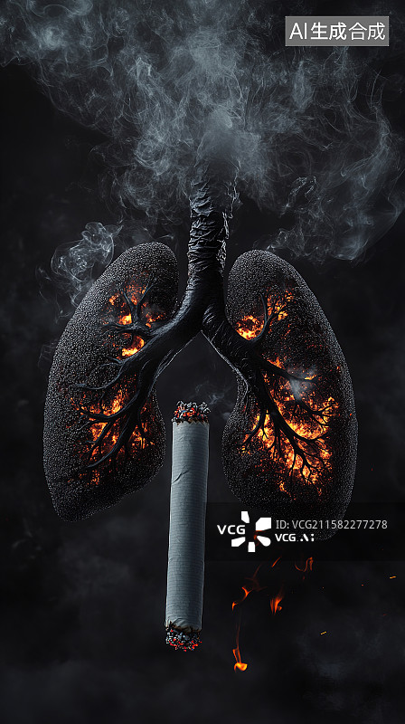 【AI数字艺术】世界无烟日插画被香烟熏黑的肺3D渲染图片素材