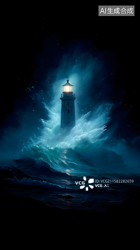 【AI数字艺术】灯塔破浪引航图片素材
