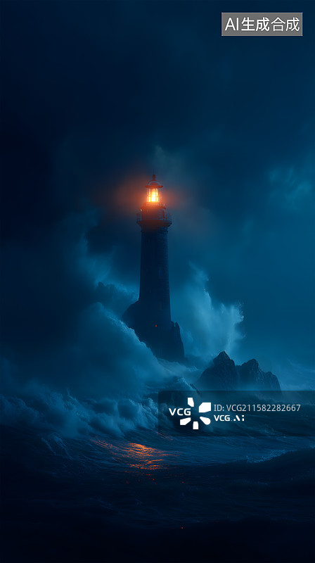 【AI数字艺术】灯塔破浪引航图片素材
