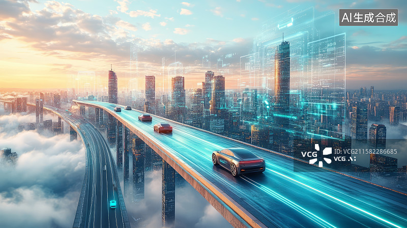 【AI数字艺术】城市公路上行驶的智能汽车，智能驾驶概念图片素材