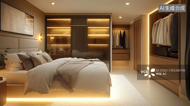 【AI数字艺术】带衣帽间的温馨主卧大床房图片素材