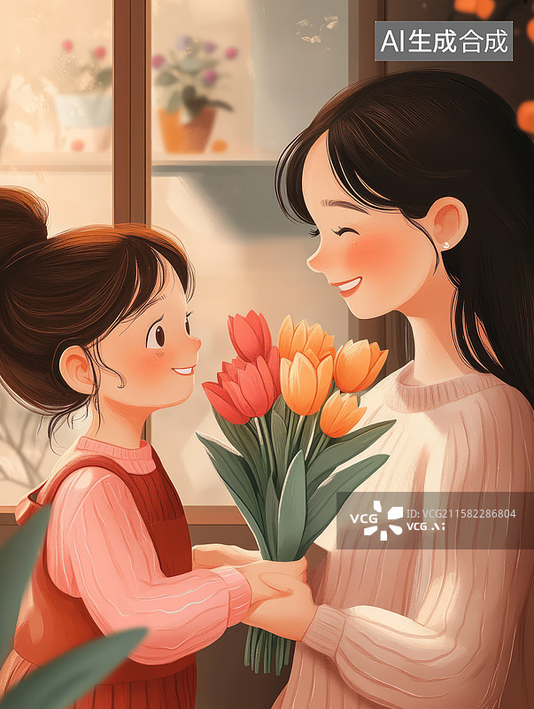 【AI数字艺术】母亲和女儿手捧鲜花的温馨场景，母亲节感恩节主题插画图片素材