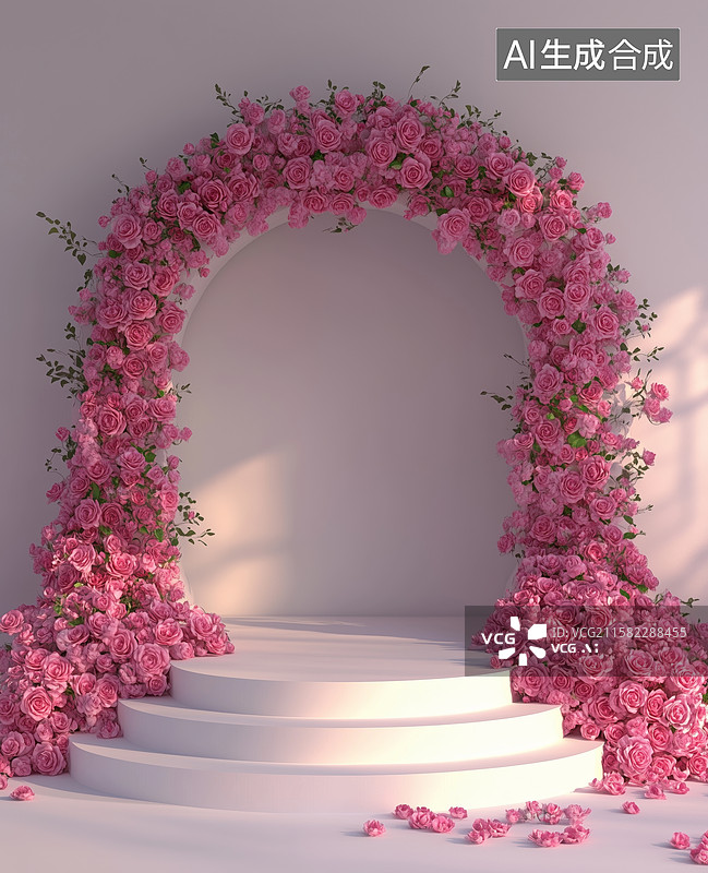 【AI数字艺术】粉色玫瑰拱门与阶梯场景图片素材
