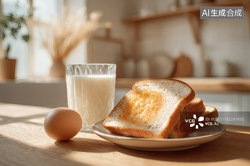 【AI数字艺术】餐桌上的西式早餐，白煮蛋，面包与牛奶图片素材