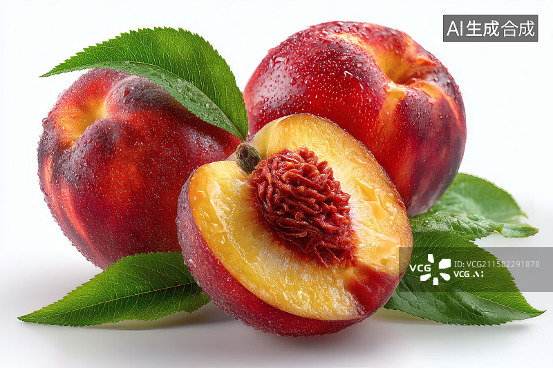 【AI数字艺术】白底上新鲜采摘，对半切开的油桃图片素材