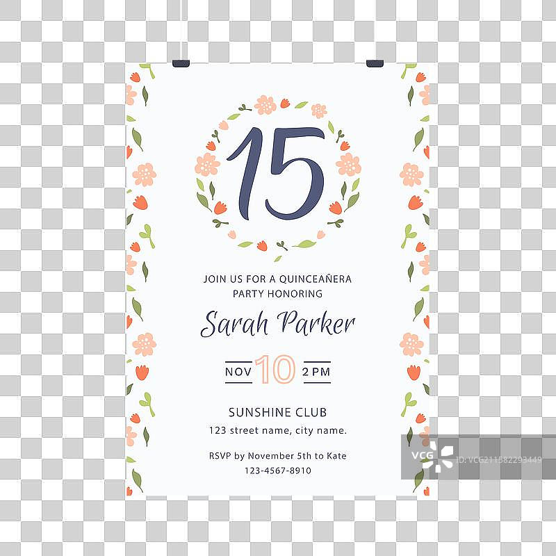 手绘花环十五岁生日卡模板图片素材