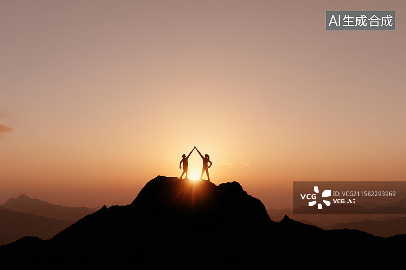 【AI数字艺术】山顶两人牵手日出剪影风光图图片素材