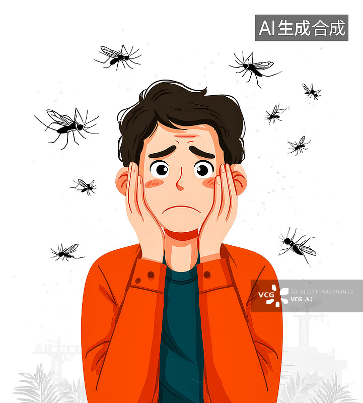 【AI数字艺术】被蚊子围绕烦躁不安的人图片素材