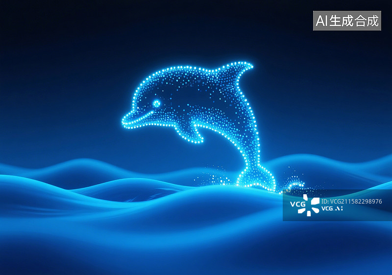 【AI数字艺术】蓝色光粒子构成的小海豚图片素材